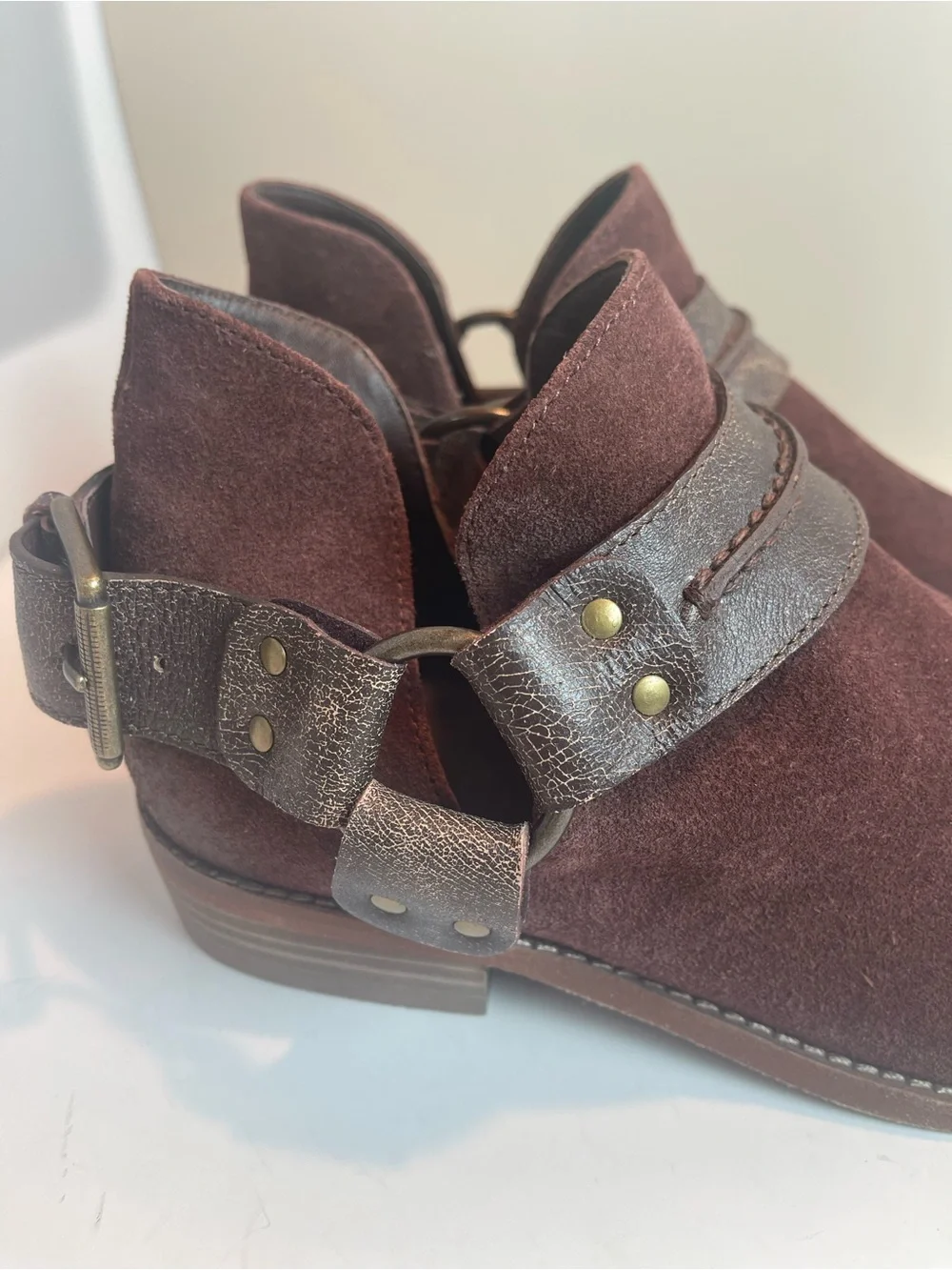 Free People Belle Harness Boots Brown Suede Leather Ankle Booties Buckle Size 8